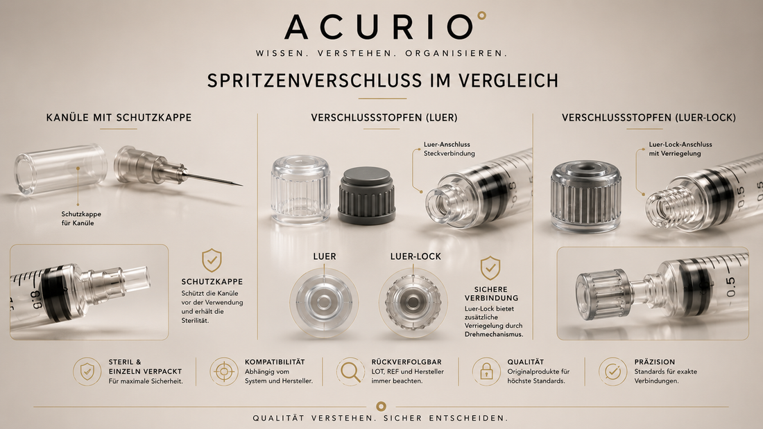 Spritzenverschluss erklärt: Kanüle, Schutzkappe und sterile Stopfen im Vergleich
