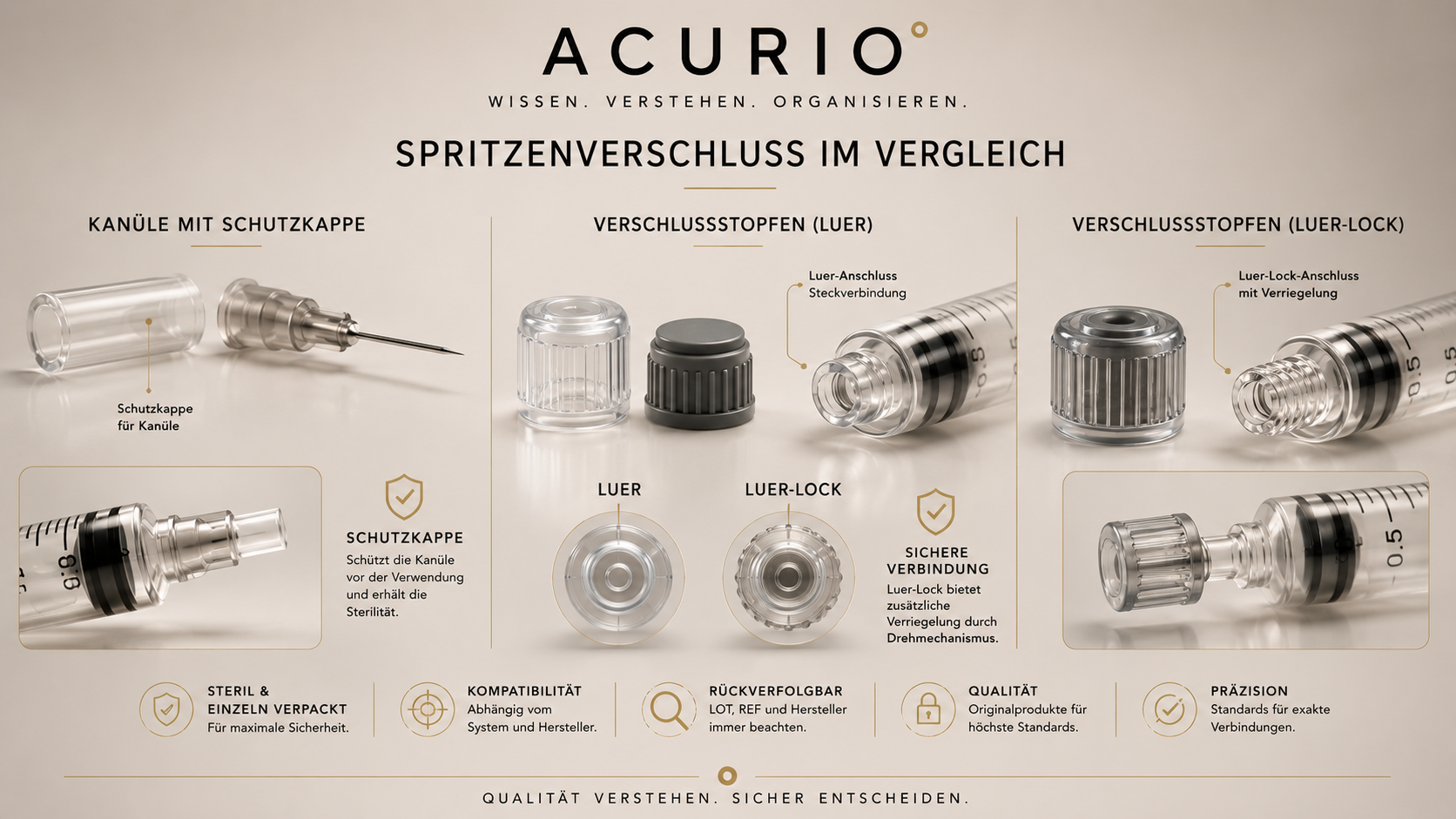 Spritzenverschluss erklärt: Kanüle, Schutzkappe und sterile Stopfen im Vergleich