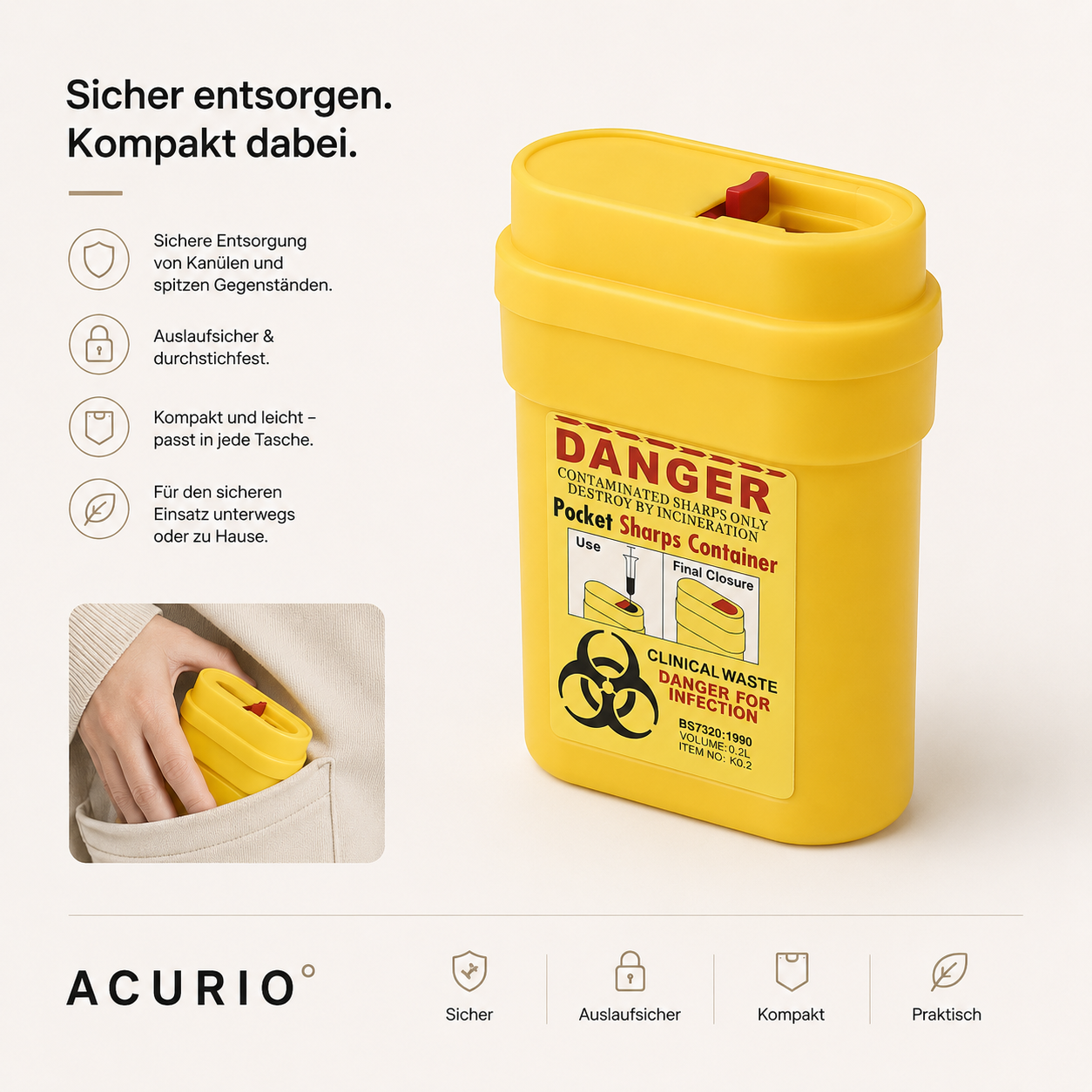 ACURIO° Nachfüllen – Nadelabwurf / Kanülenabwurf für unterwegs